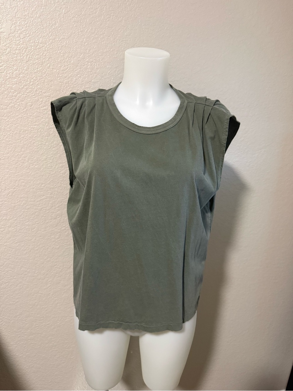 Women’s AMO Babe Olive Green Pleated Shoulder Muscle Tank Tee distressed